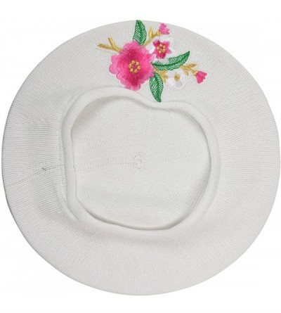 Berets 100% Cotton Beret French Ladies Hat with Pink Flower Bouquet - White - CQ1825EDHT0 $48.29