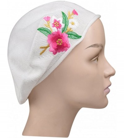 Berets 100% Cotton Beret French Ladies Hat with Pink Flower Bouquet - White - CQ1825EDHT0 $31.97