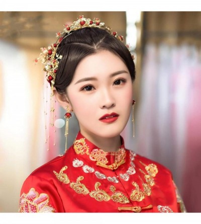 Headbands Bride's Chinese style red fengguan headwear earrings ancient tassel crown wedding hair accessories - color - CO18XS...