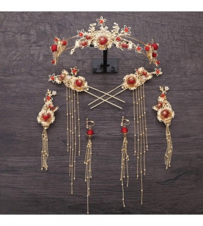 Headbands Bride's Chinese style red fengguan headwear earrings ancient tassel crown wedding hair accessories - color - CO18XS...