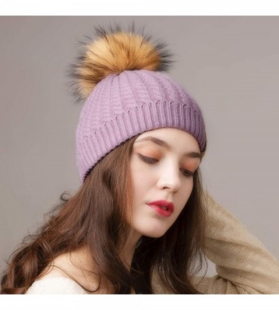 Skullies & Beanies Winter Beanie for Women Warm Knit Bobble Skull Cap Big Fur Pom Pom Hats for Women - 12 Purple - CD18UWSAE6...