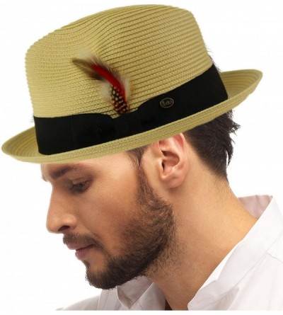 Fedoras Men's Handsome Feather Derby Fedora Tall Crown Upturn Curl Brim Hat - Natural - CX18DKNKOAT $21.35