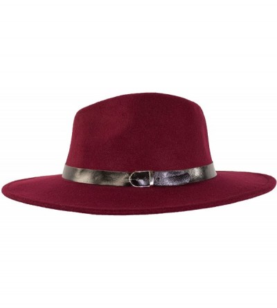 Fedoras Wide Brimmed Gangster Fedora w/Buckle Hatband- Large Felt Flat Brim Panama Hat - Wine - CT185UDS6XA $38.42