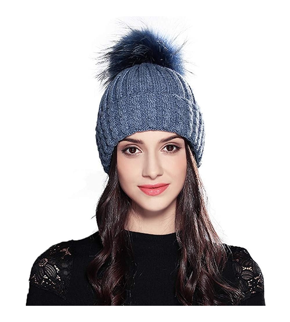 Skullies & Beanies Women Fashion Warm Winter Knitted Beanie Fur Ball Pom Hat Crochet Ski Cap - Blue - CQ18KWW4R2X $13.95