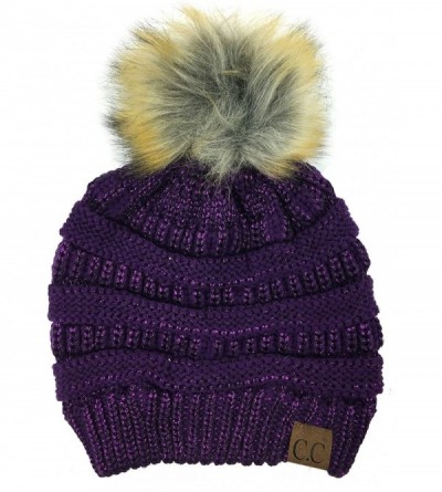 Skullies & Beanies Soft Stretch Cable Knit Ribbed Faux Fur Pom Pom Beanie Hat - Metallic Purple - C1189TZOKS2 $27.86