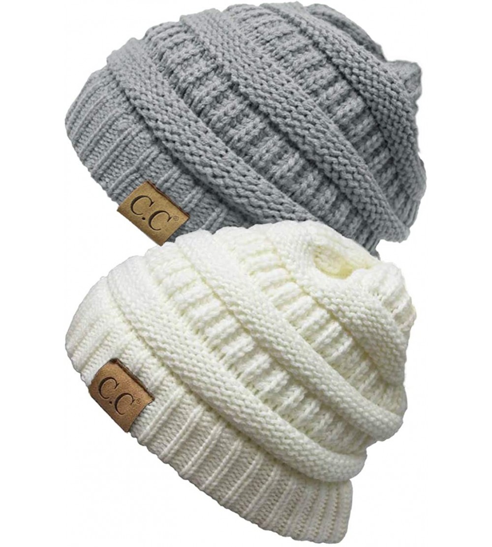 Skullies & Beanies Solid Ribbed Beanie Slouchy Soft Stretch Cable Knit Warm Skull Cap - 2 Pack - Ivory & Dove Grey - CO18HY4Z...