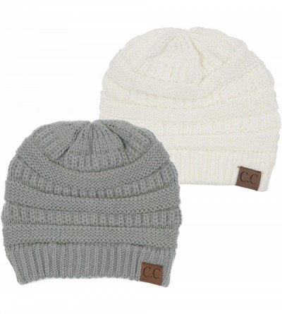 Skullies & Beanies Solid Ribbed Beanie Slouchy Soft Stretch Cable Knit Warm Skull Cap - 2 Pack - Ivory & Dove Grey - CO18HY4Z...