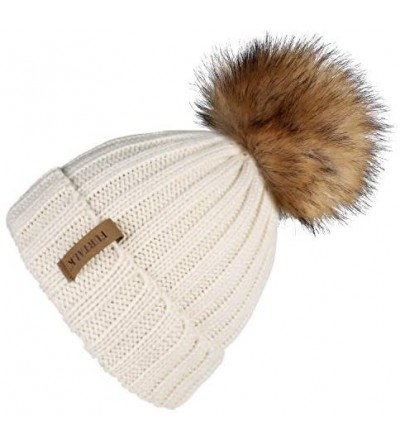 Skullies & Beanies Womens Winter Knitted Beanie Hat with Faux Fur Pom Warm Knit Skull Cap Beanie for Women - 04-beige - CZ185...