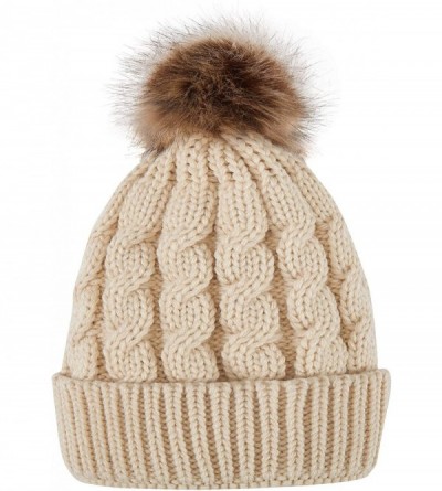 Skullies & Beanies Women's Winter Soft Knitted Beanie Hat with Faux Fur Pom Pom - Cream - CI18M39QKCK $8.55