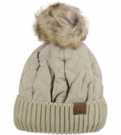 Skullies & Beanies Soft Quilted Puffer Detachable Faux Fur Pom Inner Lined Cuff Beanie Hat - Taupe - CE18KAKT3CX $14.48