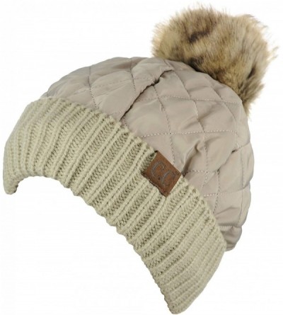 Skullies & Beanies Soft Quilted Puffer Detachable Faux Fur Pom Inner Lined Cuff Beanie Hat - Taupe - CE18KAKT3CX $14.48