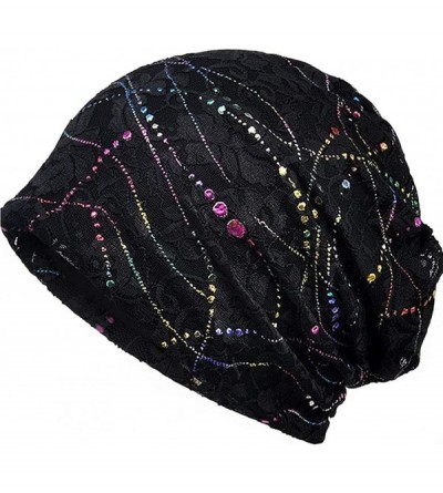 Skullies & Beanies Womens Cotton Beanie Lace Turban Soft Sleep Cap Chemo Hats Fashion Slouchy Hat - 2 Pack Black+beige2 - CL1...