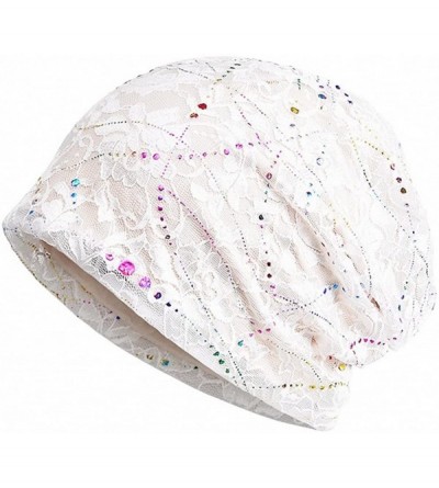 Skullies & Beanies Womens Cotton Beanie Lace Turban Soft Sleep Cap Chemo Hats Fashion Slouchy Hat - 2 Pack Navy+white - CY18N...