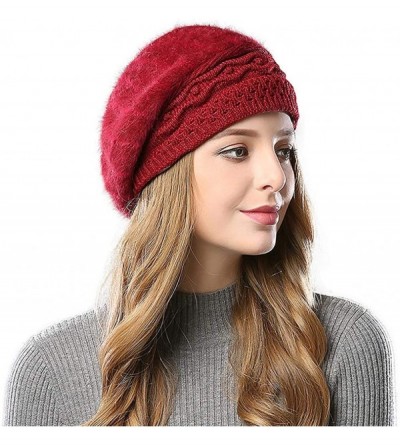 Berets Furry French Beret for Women Warm Fleece Lined Knit Paris Mime Hat Winter Slouch Beanie - Red - C418Q7Z4YO0 $19.94