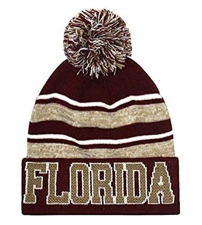 Skullies & Beanies Florida Men's Blended Stripe Winter Knit Pom Beanie Hat - Burgundy/Khaki - CE196LYE6WS $16.12
