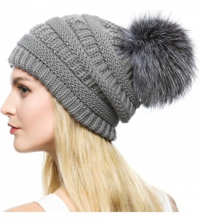Skullies & Beanies Womens Girls Winter Knitted Slouchy Beanie Hat with Real Large Silver Fox Fur Pom Pom Hats - Slouch Deep G...