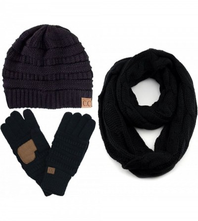 Skullies & Beanies 3pc Set Trendy Warm Chunky Soft Stretch Cable Knit Beanie Scarves Gloves Set - Black - CC187GNMWXT $82.12