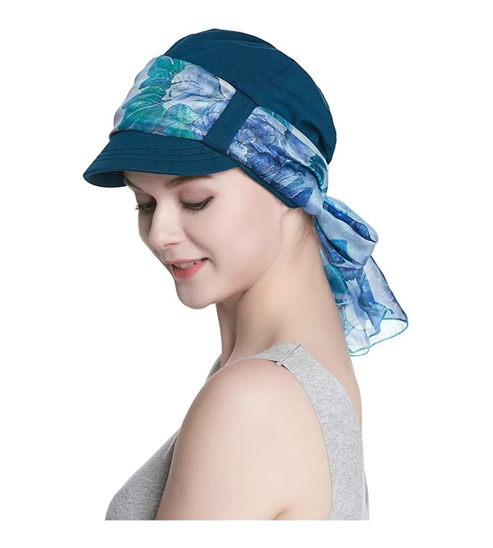 Newsboy Caps Breathable Bamboo Lined Cotton Hat and Scarf Set for Women - Blue Floral - CT18N06QDUW $16.72