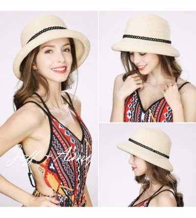 Sun Hats Womens UPF 50 Summer Straw Beach Sun Hat Wide Brim Fashion Fedora Packable & Adjustable - 00010beige - C718R93YR7N $...
