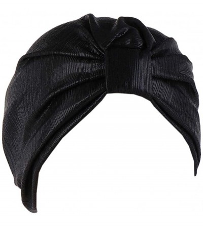 Sun Hats Shiny Metallic Turban Cap Indian Pleated Headwrap Swami Hat Chemo Cap for Women - Black Knot - CD18DXS8ZS7 $8.48