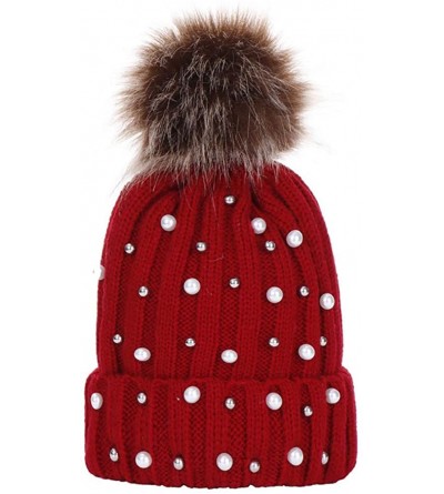 Cold Weather Headbands Women Faux Fur Pom Pom Beanie Cap Fashion Winter Pearl Knit Ski Hat - Red - CP18LK3XQWT $8.41