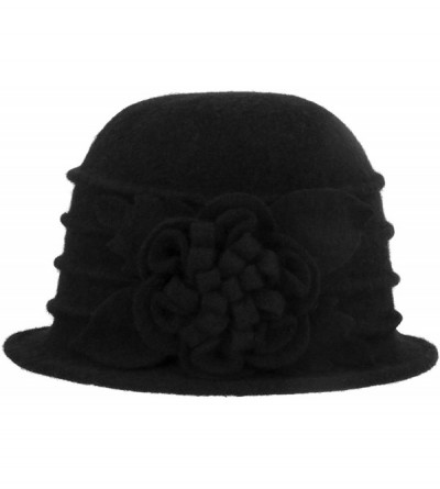 Bucket Hats 1920s Gatsby Womens Flower 100% Wool Warm Beanie Bow Hat Cap Crushable - Black - CQ188KNUQ8L $15.44