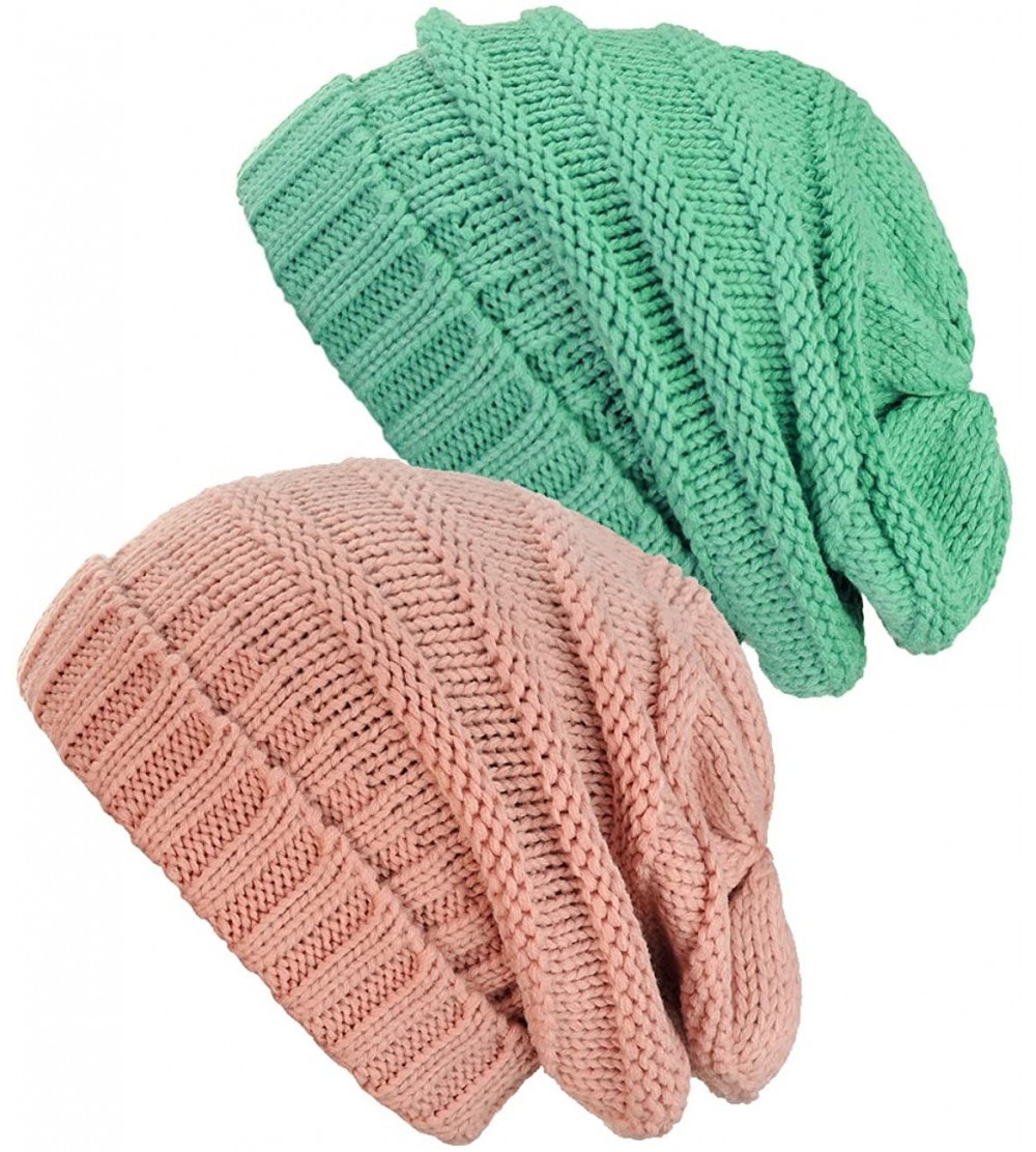 Skullies & Beanies Oversized Baggy Slouchy Thick Winter Beanie Hat - 2 Pack- Mint/Indie Pink - CA1869HU3DH $16.59