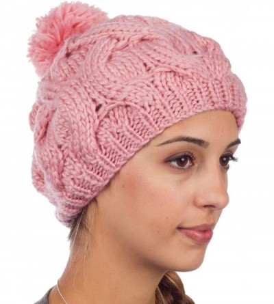 Skullies & Beanies Cable Knit Pom Pom Thick Slouch Hat - Salmon - CD11LRZ6GWP $21.81