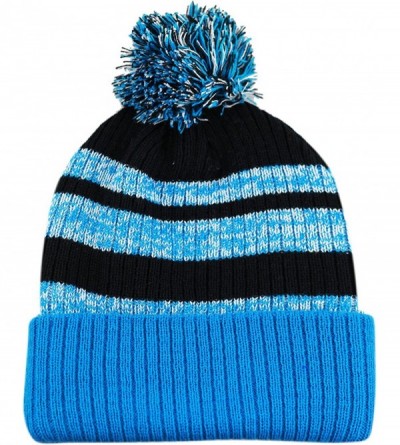 Skullies & Beanies Winter Striped Cuffed Pom Pom Knit Soft Thick Beanie Skully Hat - Teal-black - CH12N6GW8VR $10.28