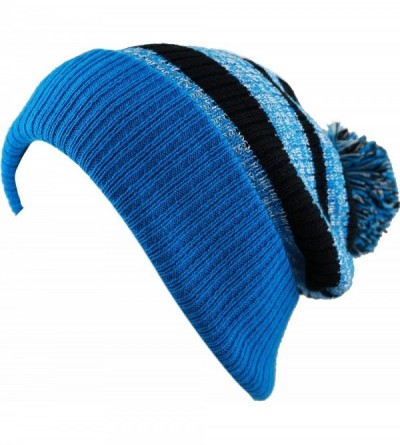 Skullies & Beanies Winter Striped Cuffed Pom Pom Knit Soft Thick Beanie Skully Hat - Teal-black - CH12N6GW8VR $10.28