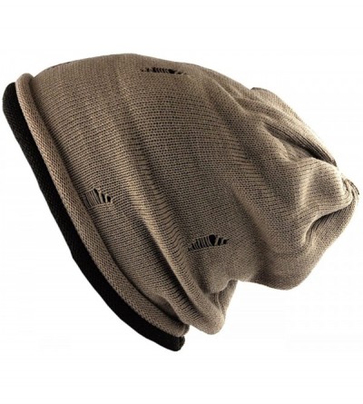 Skullies & Beanies Fashionable Double Layered Vintage Ripped Acrylic Slouch Beanie - Taupe/Brown - CZ11OHYCSVV $27.47
