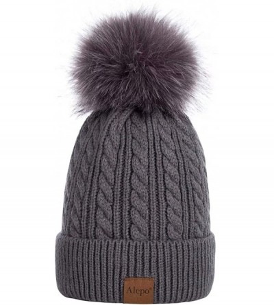 Skullies & Beanies Womens Winter Beanie Hat- Warm Fleece Lined Knitted Soft Ski Cuff Cap with Pom Pom - Dark Gray - CL18X7TW7...