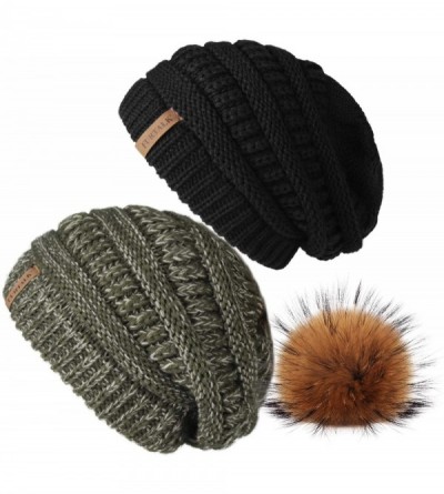 Skullies & Beanies Winter Real Fur Pom Beanie Hat Warm Oversized Chunky Cable Knit Slouch Beanie Hats for Women - CS18UMD7CTA...
