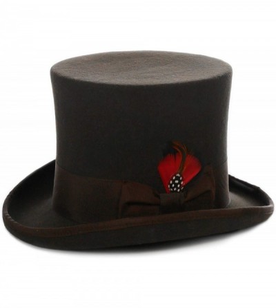 Fedoras Satin Lined Wool Top Hat with Grosgrain Ribbon and Removable Feather - Unisex- Men- Women - Brown - CF11XSJEX9L $37.88