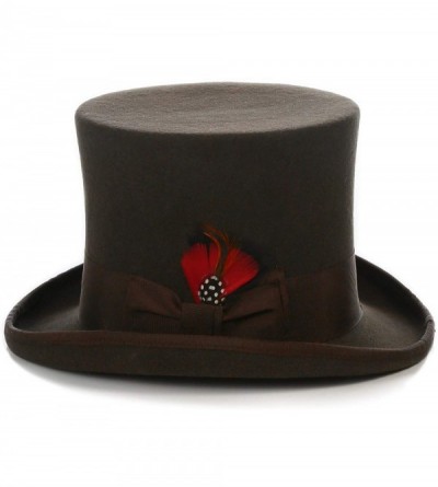 Fedoras Satin Lined Wool Top Hat with Grosgrain Ribbon and Removable Feather - Unisex- Men- Women - Brown - CF11XSJEX9L $37.88