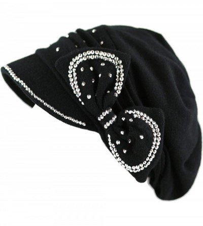 Skullies & Beanies Womens Knit Visor Beanie Cap with Ribbon and Rhinestone Hat - Black - CH126ILKZWT $24.39