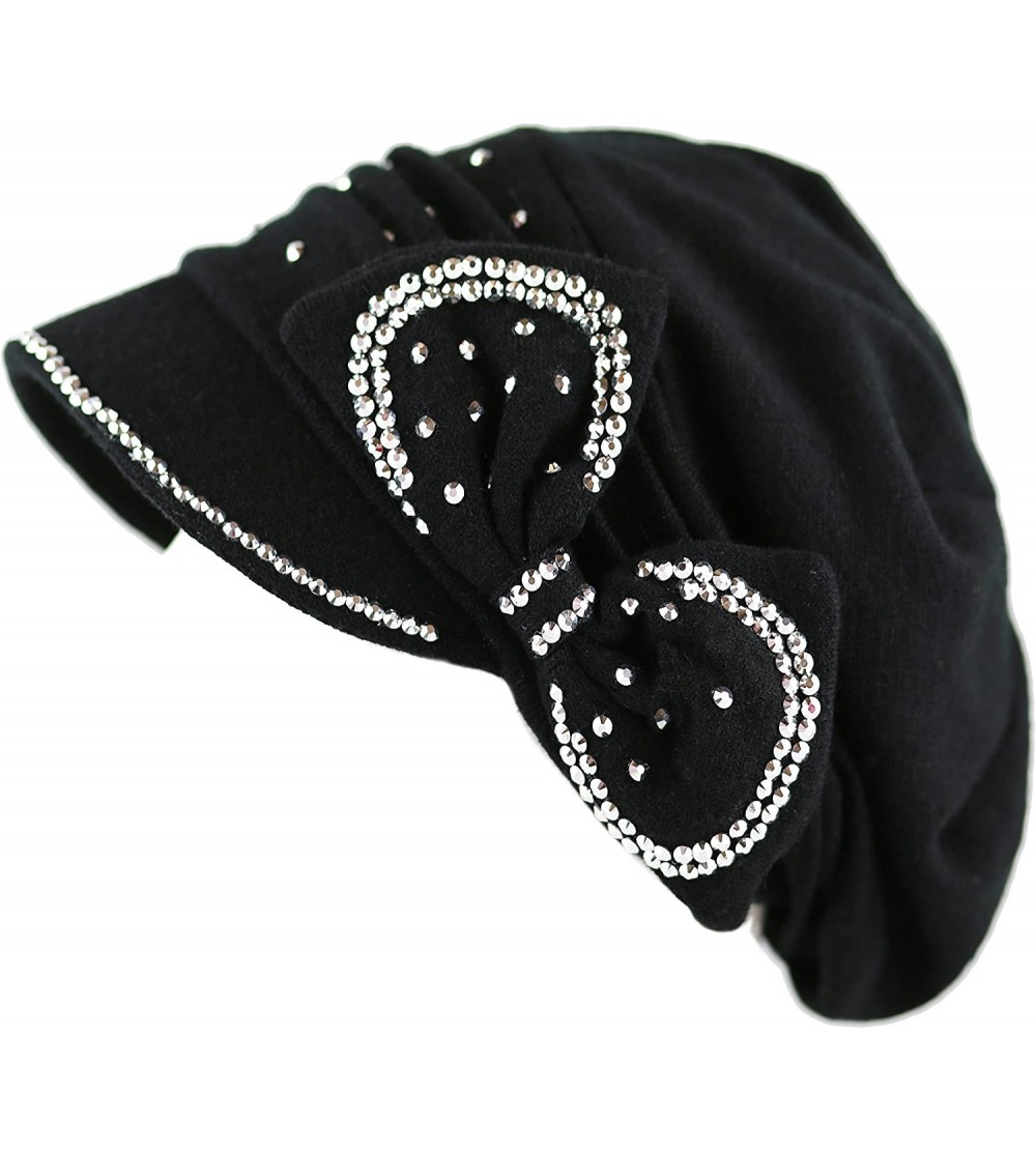 Skullies & Beanies Womens Knit Visor Beanie Cap with Ribbon and Rhinestone Hat - Black - CH126ILKZWT $14.50
