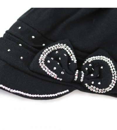 Skullies & Beanies Womens Knit Visor Beanie Cap with Ribbon and Rhinestone Hat - Black - CH126ILKZWT $14.50