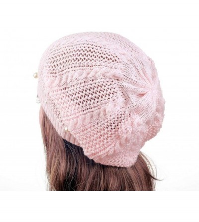 Skullies & Beanies Knit Crochet Hat Light Beanie Style Knitted Cap Women Girl Thin Hollow Braid - Pink - CG18EIMKSKT $9.07