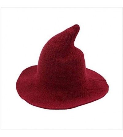 Fedoras US Womens Fashions Cute Wool Big Brimmed Witch Pointed Hats Knitted Wizard's Solid Color Bucket Cap - Claret Red - C2...