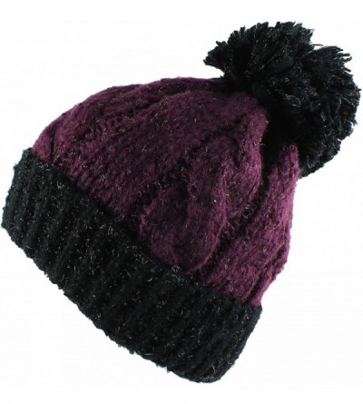 Berets Multi Color Pom Pom Crochet Thick Knit Slouchy Beanie Beret Winter Ski Hat - Purple/Black - CB127DZ5HR7 $19.42