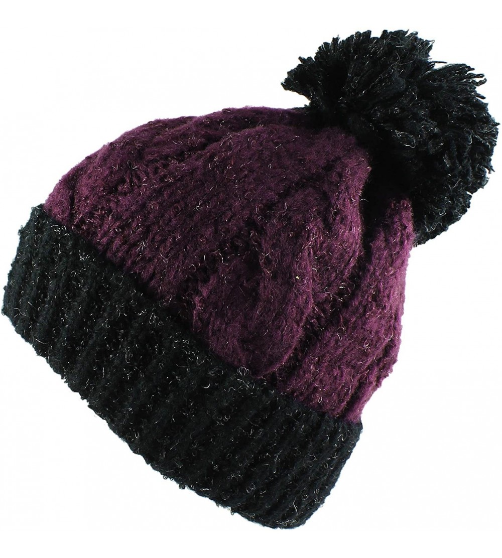Berets Multi Color Pom Pom Crochet Thick Knit Slouchy Beanie Beret Winter Ski Hat - Purple/Black - CB127DZ5HR7 $11.50