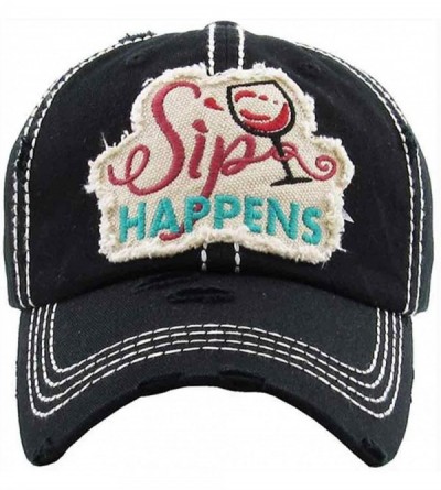 Baseball Caps Women's Sip Happens Wine Vintage Baseball Hat Cap - Black - CQ18SGUI5YO $23.92