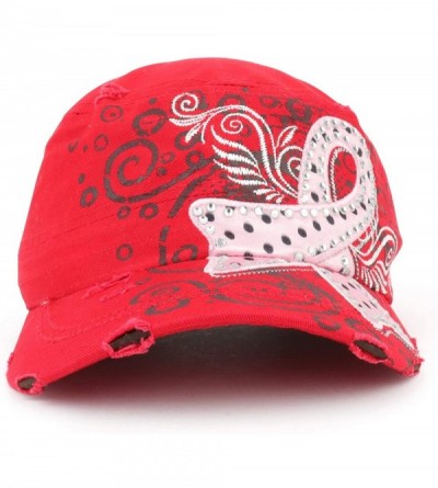 Baseball Caps Studded Pink Ribbon Breast Cancer Frayed Flat Top Style Army Cap - Red - CW18HCM78Q8 $19.22