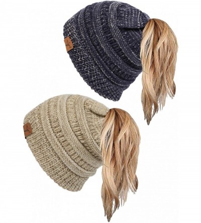 Skullies & Beanies Ponytail Messy Bun Beanie Tail Knit Hole Soft Stretch Cable Winter Hat for Women - CJ18X4L4SII $39.34