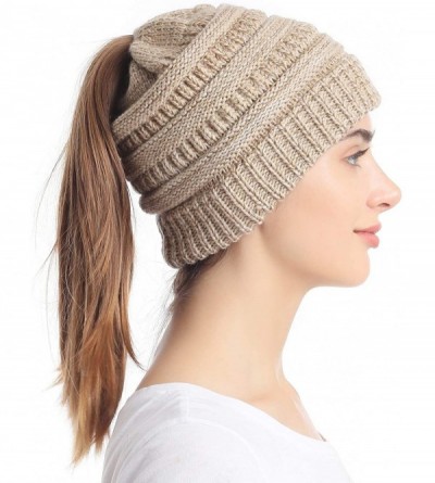 Skullies & Beanies Ponytail Messy Bun Beanie Tail Knit Hole Soft Stretch Cable Winter Hat for Women - CJ18X4L4SII $25.55