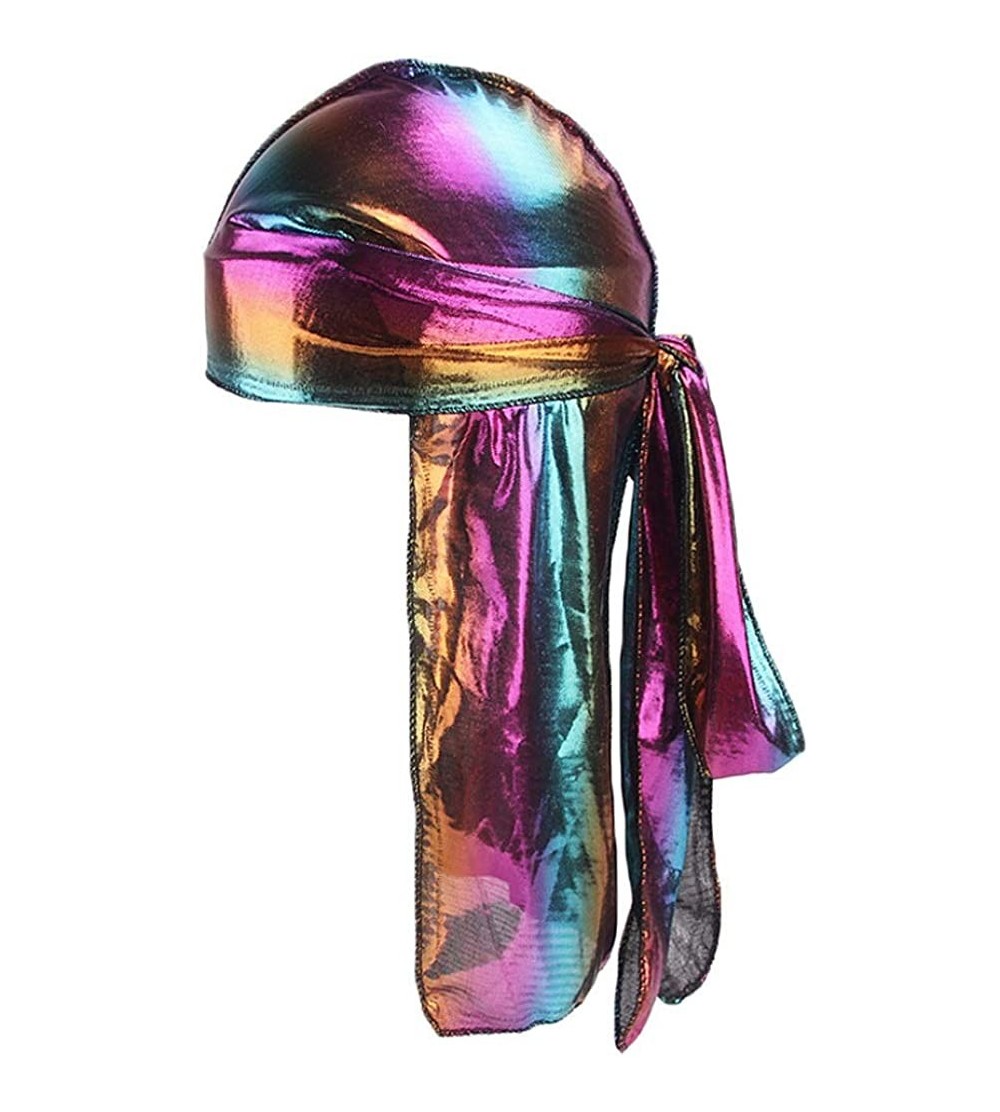 Skullies & Beanies Men's Soft Velvet Long Tail Wide Straps Durag Solid Color Cap Turban Headwrap - Purple 2 - C018OR97KXY $8.77